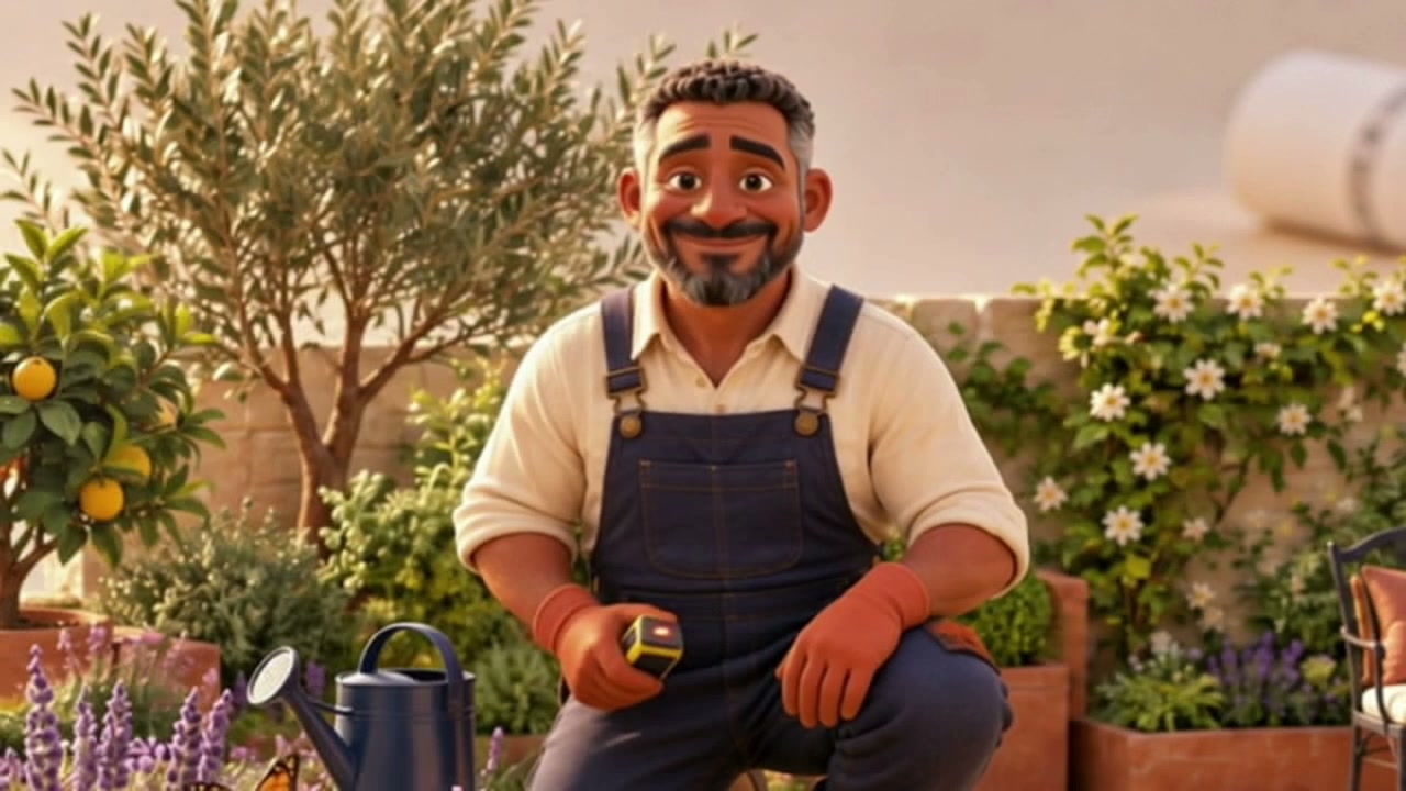 A smiling gardener holding a laser measure in a miniature courtyard garden.